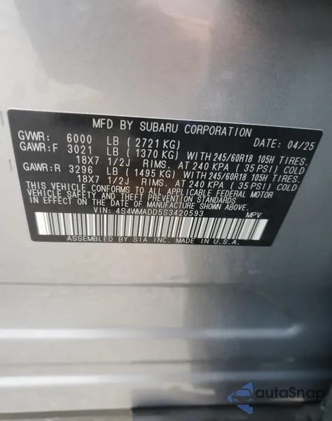 2025 Subaru Ascent Premium z USA, uszkodzony, nr VIN 4S4WMADD5S3420593